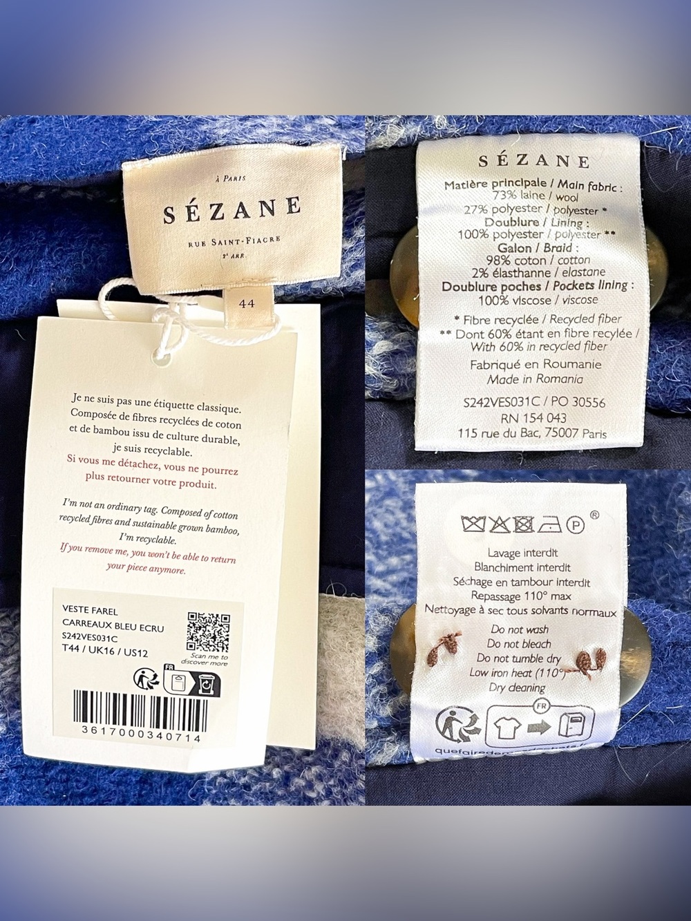 Sezane Farel Reversible Wool Jacket Blue Ecru Check US 12 NWT - Picture 5 of 11